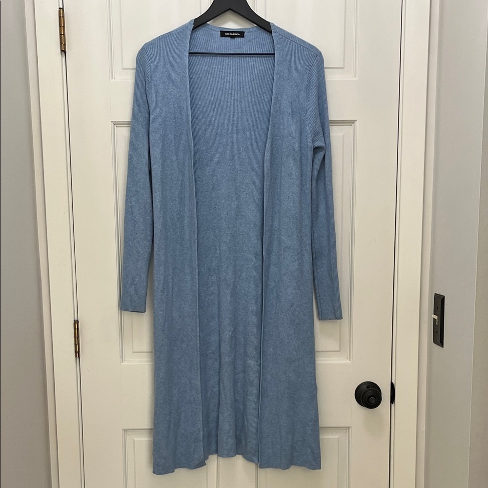525 America Sky Blue Long Line Ribbed Knit Open Front Cardigan - Size Small